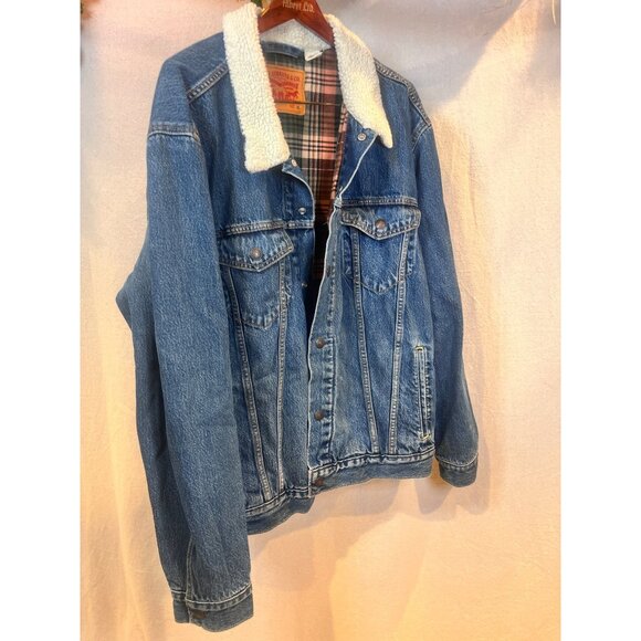 Levi’s Sherpa Lined Denim Trucker Jacket XL • Plaid Lining • Classic Western Vin - Picture 4 of 5